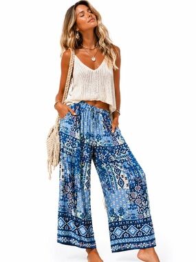Boho Wide Leg Palazzo Pants Blue Patchwork Print Size 1X Tall Lightweight